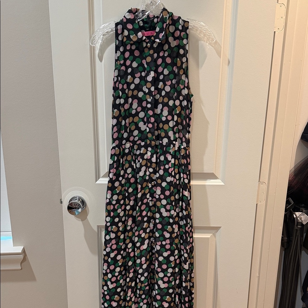 BURU  Polka Dot Maxi Dress in Black with Pink, Green & Cream Dots